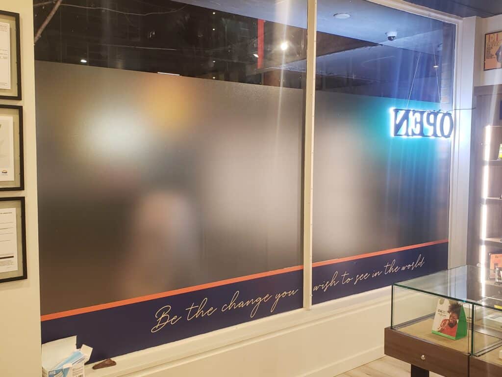 Window graphics with quote and frosted vinyl