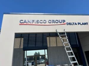 Custom dimensional outdoor sign installed for Canfisco Group. Exterior business signage designed to enhance brand visibility and create a professional storefront.
