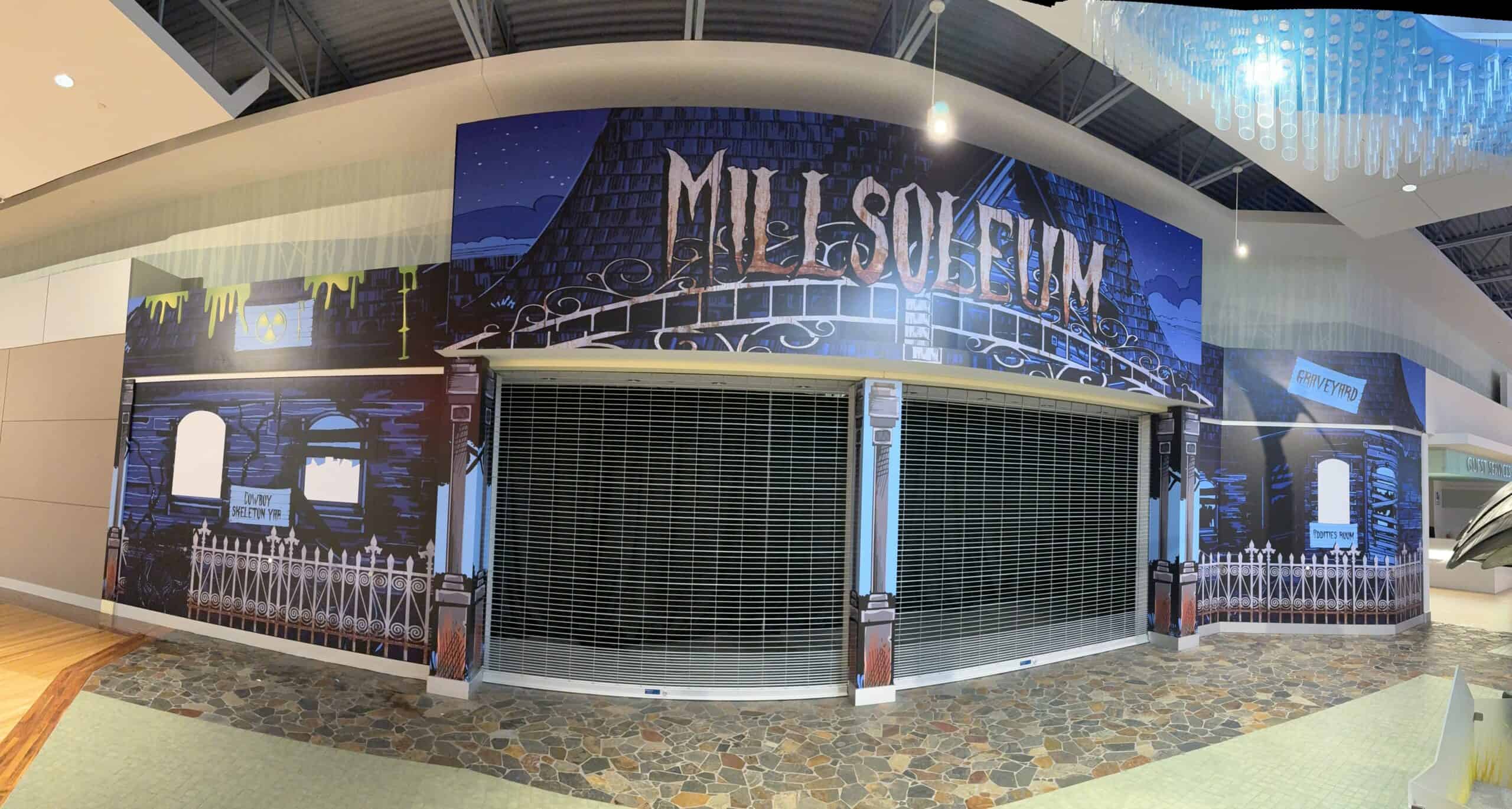 Large-format Halloween mural graphics for a shopping mall in Tsawwassen, BC. Custom wall graphics professionally printed and installed for a seasonal promotional event.